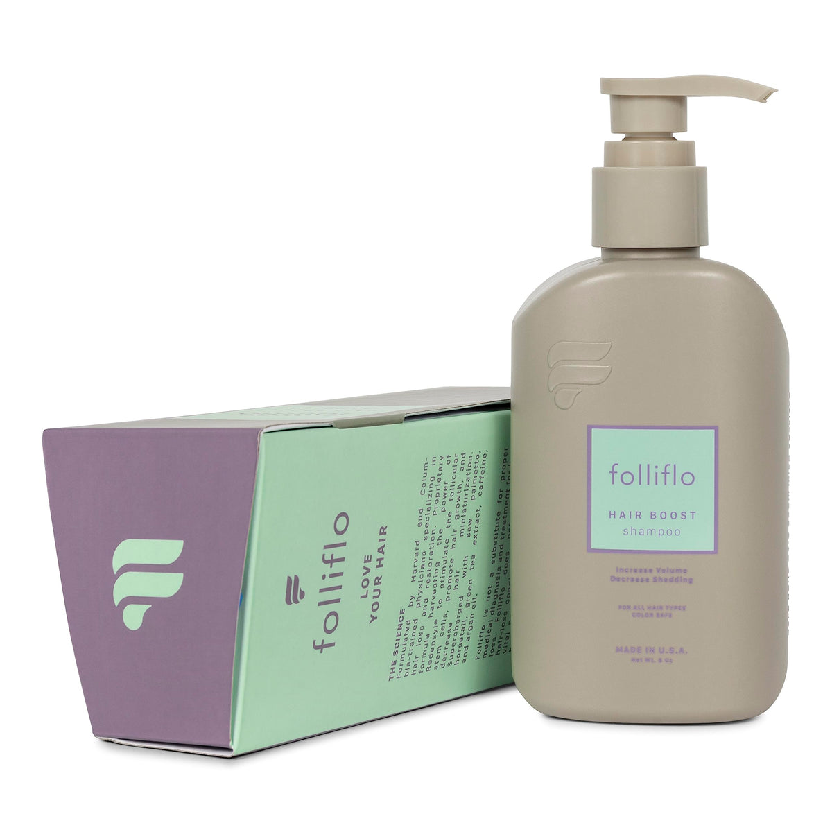 Shampooing Folliflo en bouteille offrant une apparence plus épaisse et facile à coiffer.