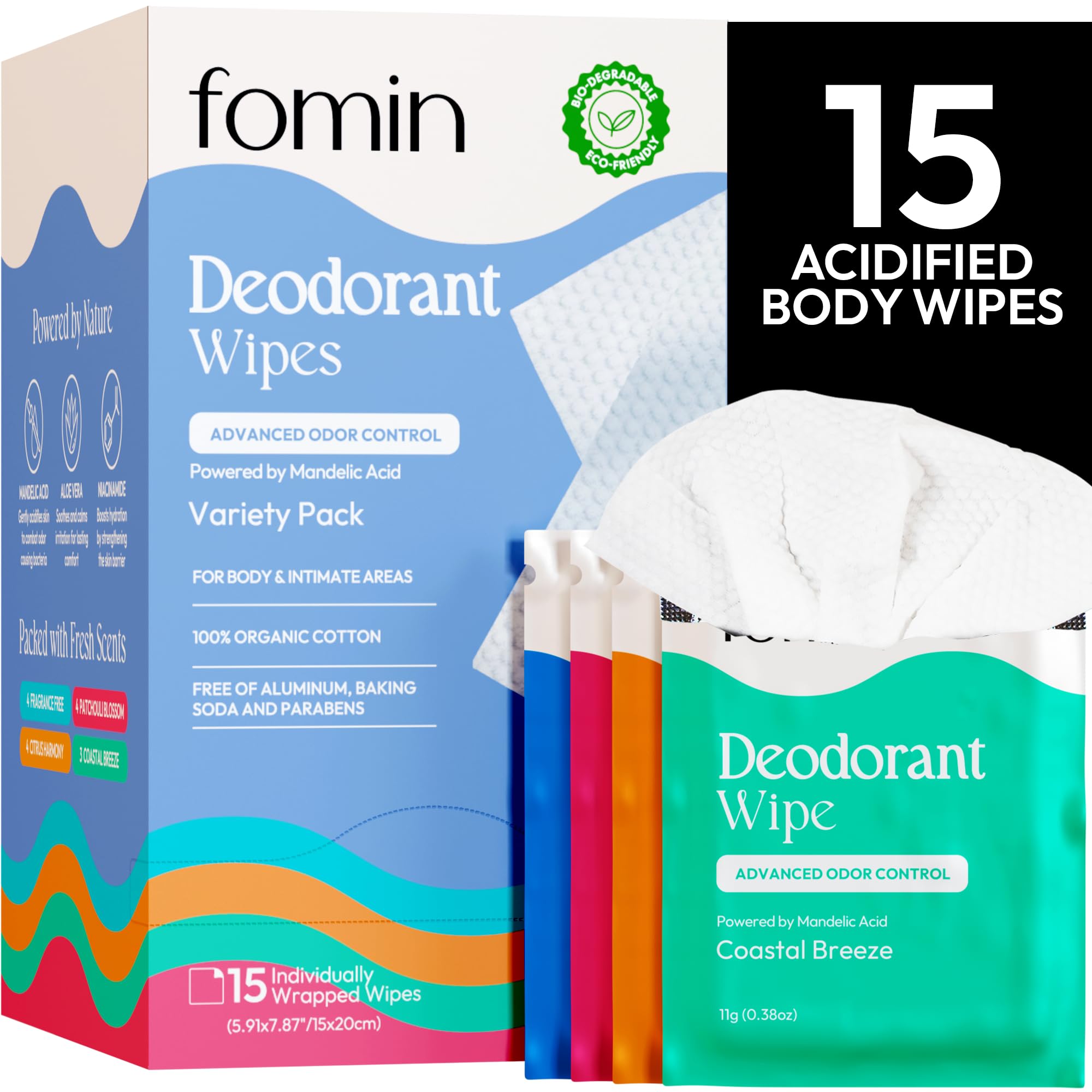 Lingettes FOMIN acidifiées de voyage dans étui compact, fraîcheur instantanée.