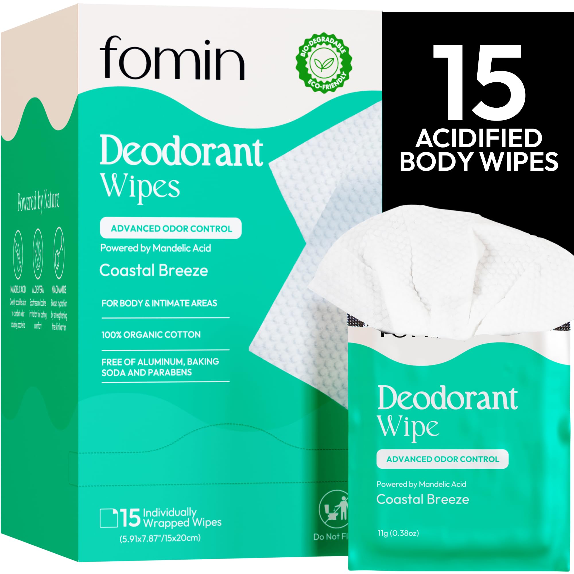 Lingettes déodorantes FOMIN Coastal Breeze, emballage individuel pour voyage.