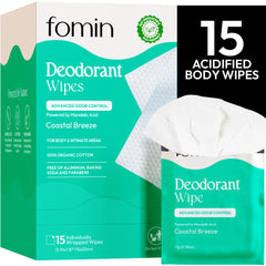 Lingettes déodorantes FOMIN Coastal Breeze, emballage individuel pour voyage.