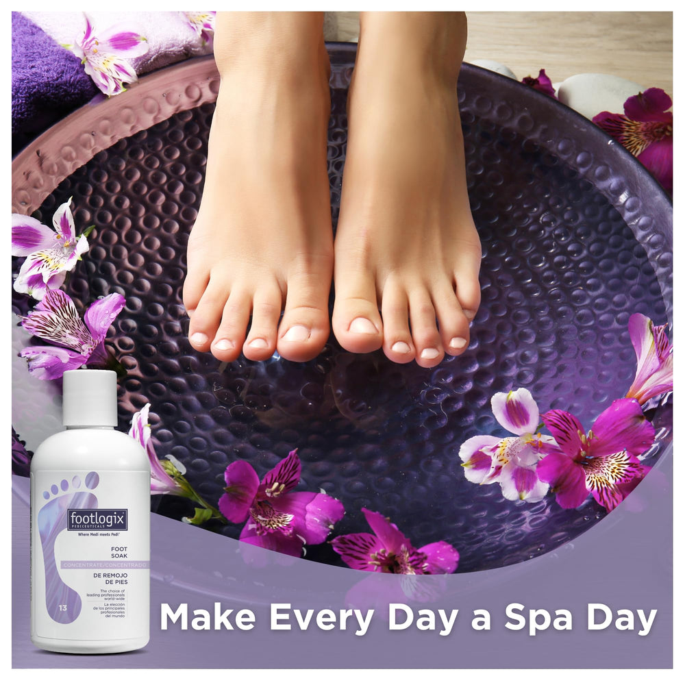Footlogix Foot Soak Concentrate – étiquette pH équilibré, douceur durable pour les pieds.