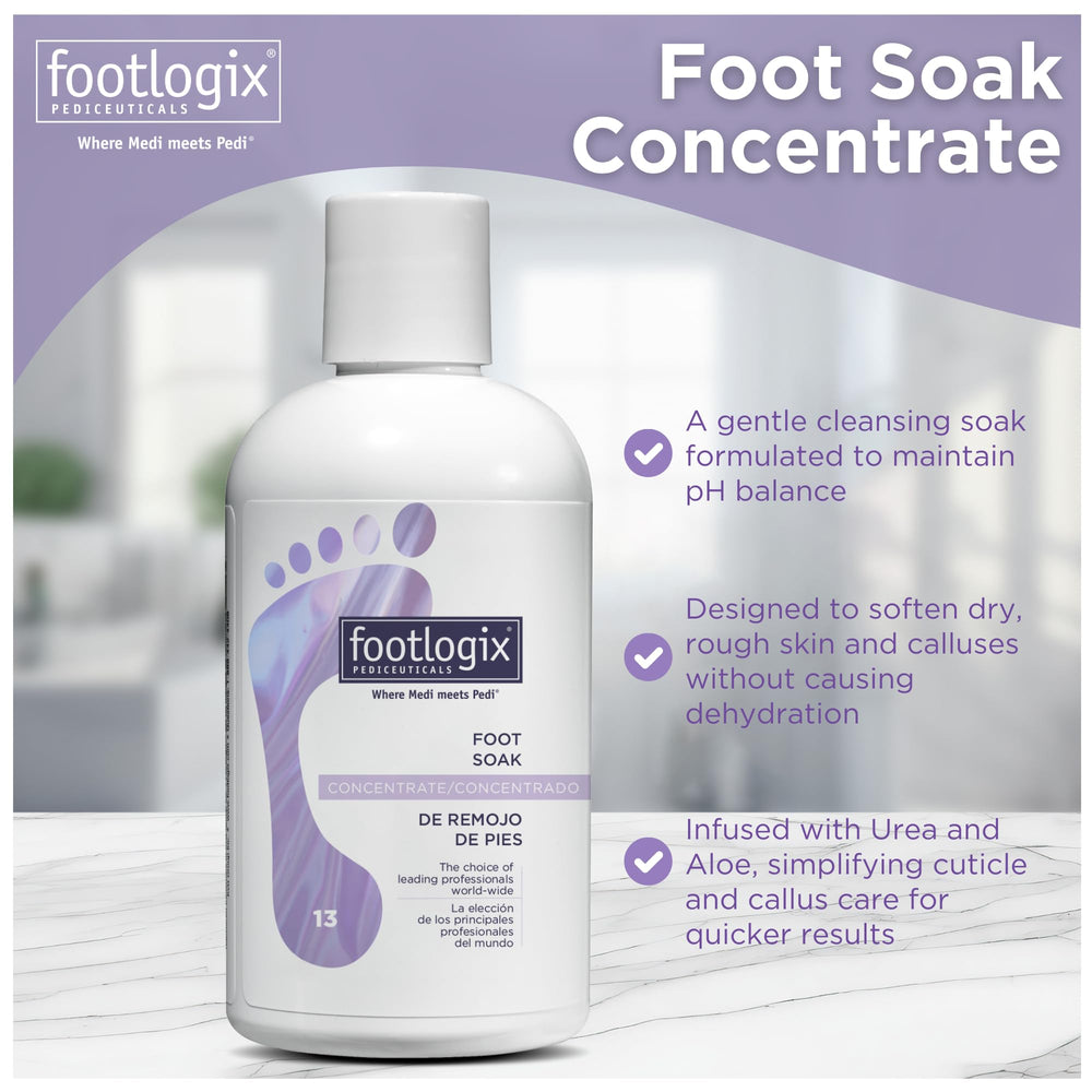 Footlogix Foot Soak Concentrate – action adoucissante sans dessécher la peau.