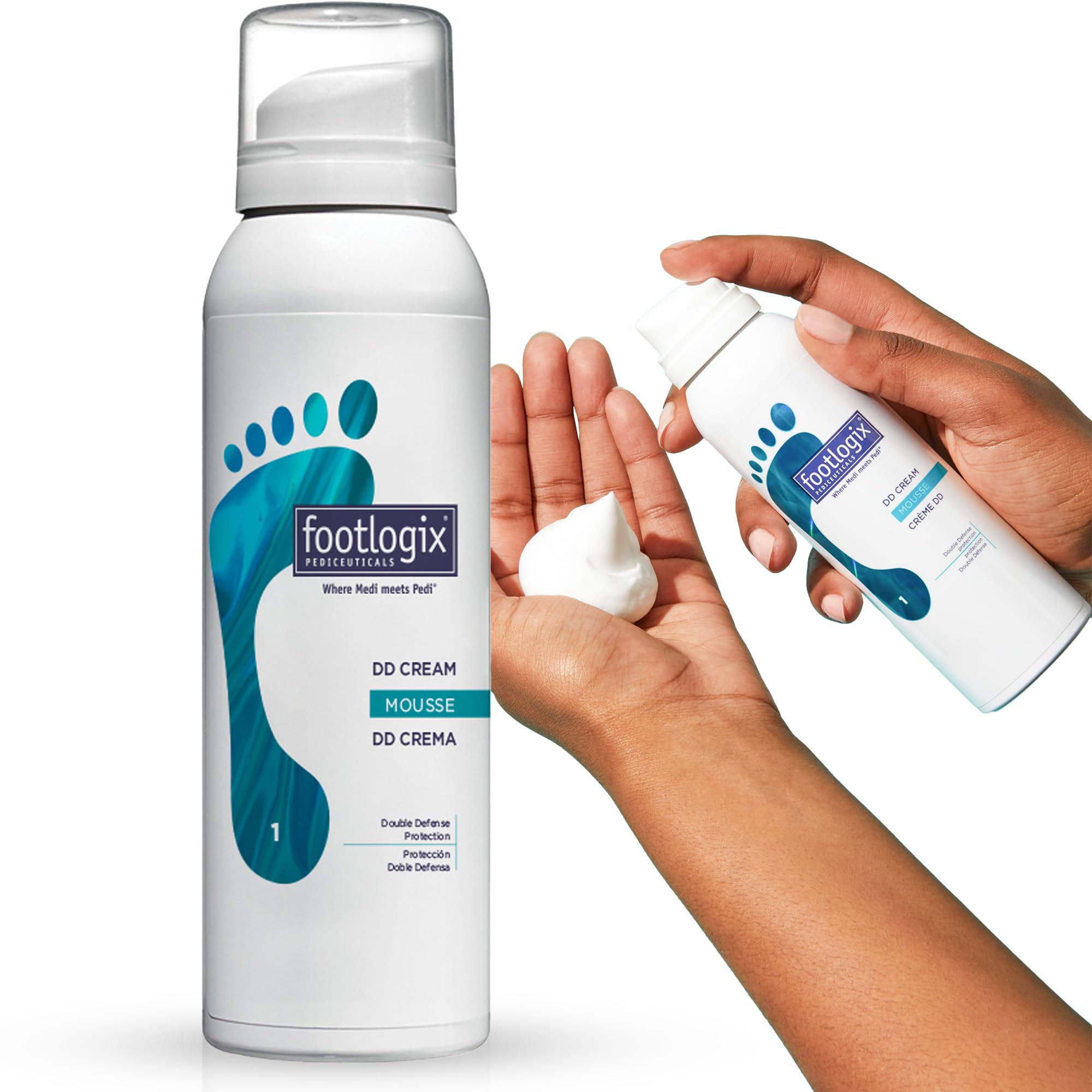FOOTLOGIX DD Cream Mousse, emballage et texture légère prête pour hydrater les pieds.