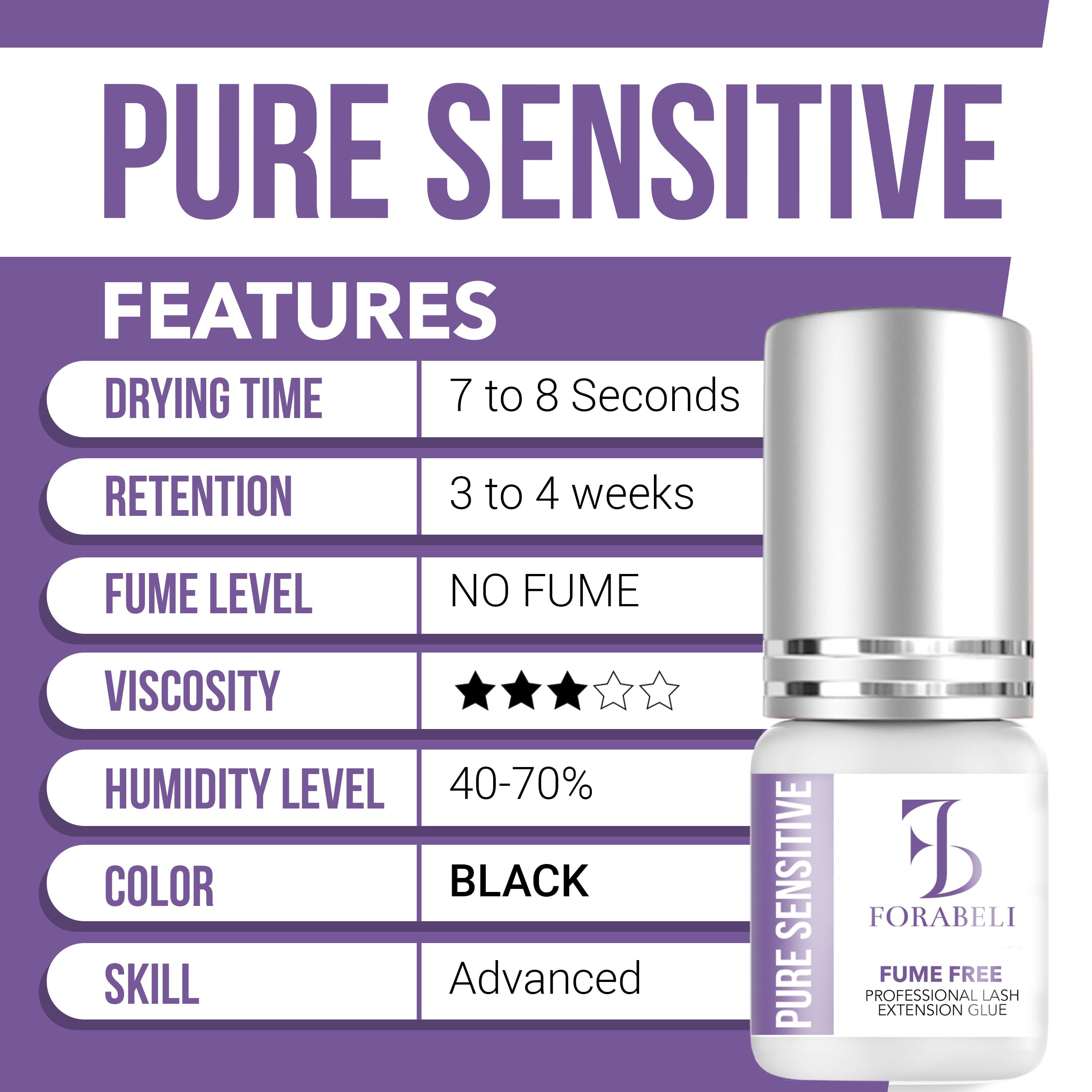 Forabeli Pure Sensitive adhésif cils gros plan séchage rapide et précision.