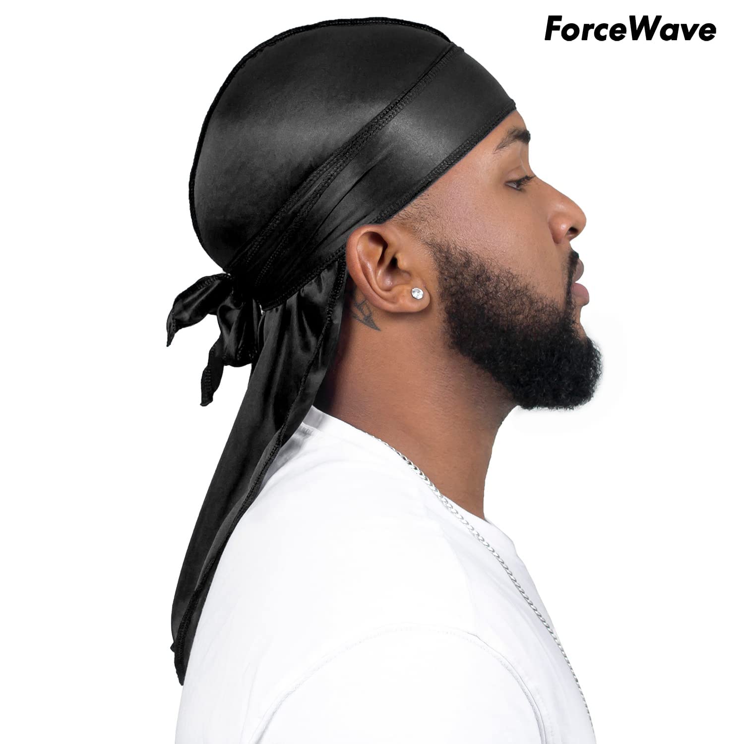 ForceWave durag satin noir vue arrière, protection et confort durable.