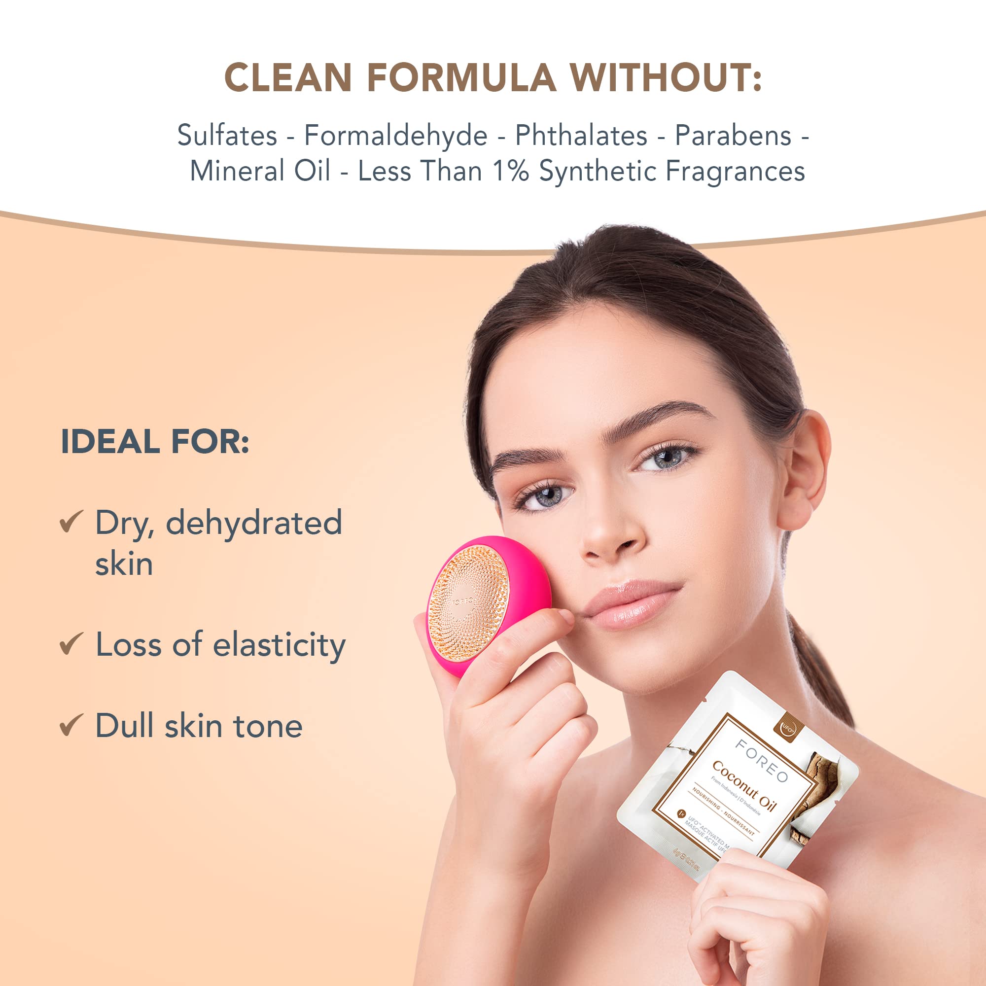 FOREO masque visage coco huile, présentation prête à l’emploi pour hydrater la peau.