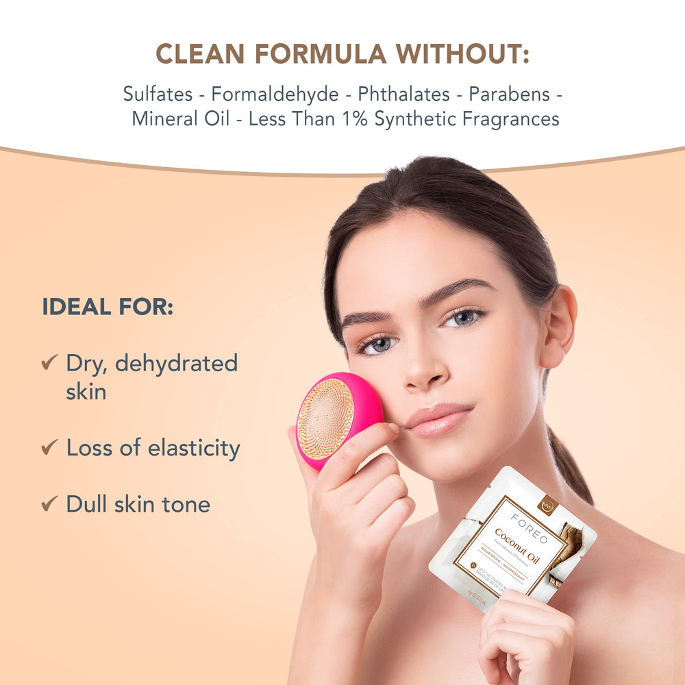 FOREO masque visage coco huile, présentation prête à l’emploi pour hydrater la peau.