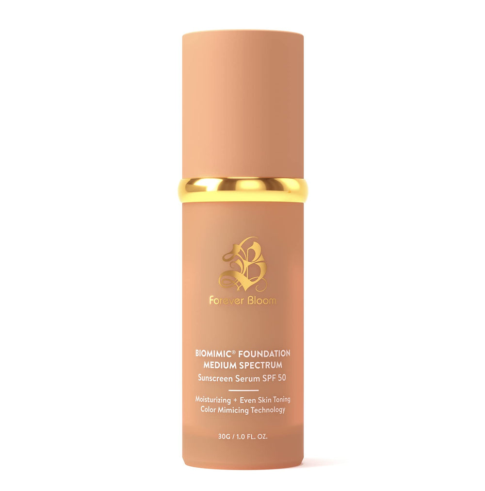 Forever Bloom Bio Mimic Foundation teinte moyenne, flacon, couvrance naturelle et protection SPF50.