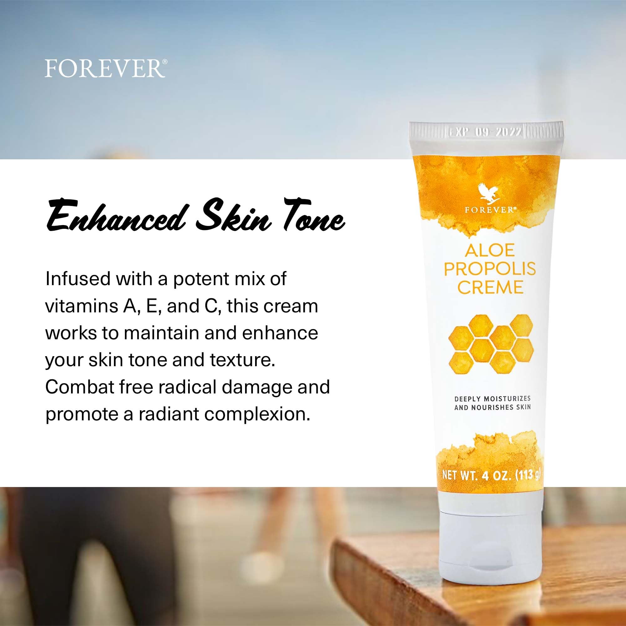 Forever Living Aloe Propolis Crème – ingrédients Aloe et Propolis visibles pour un soin nourrissant.