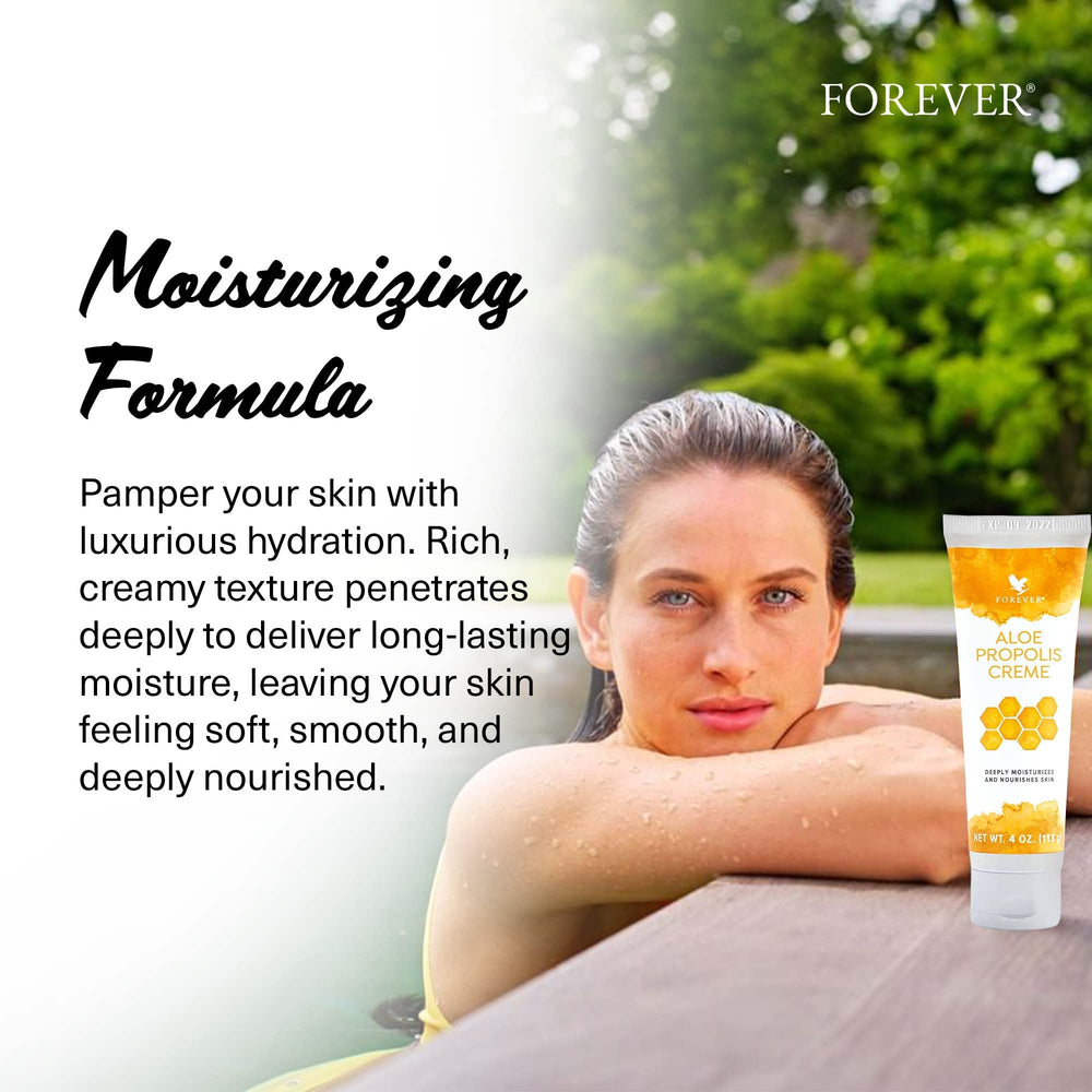 Forever Living Aloe Propolis Crème – emballage et pot, présentation pratique pour usage quotidien.