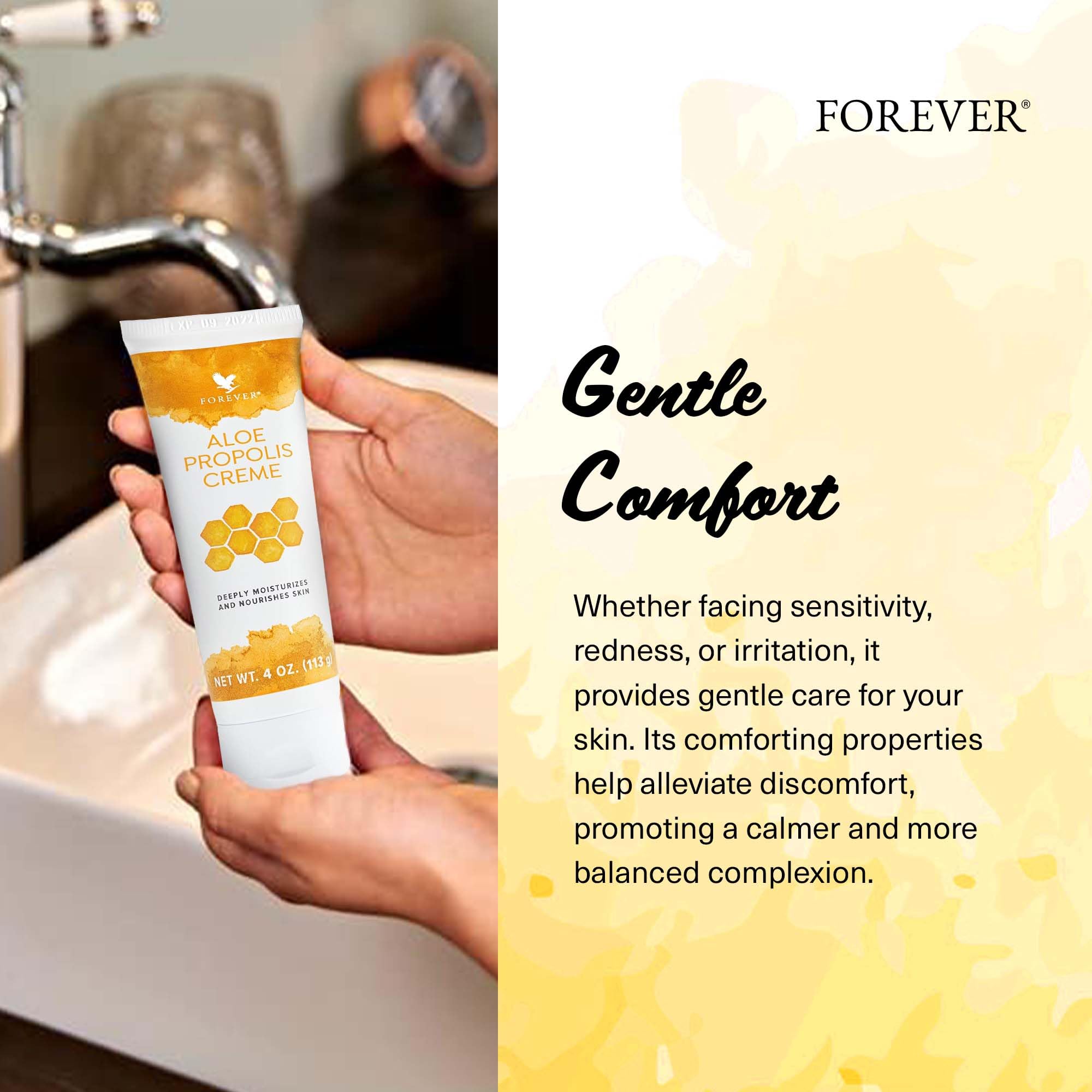 Forever Living Aloe Propolis Crème – texture crèmeuse visible sur peau, confort doux et durable.