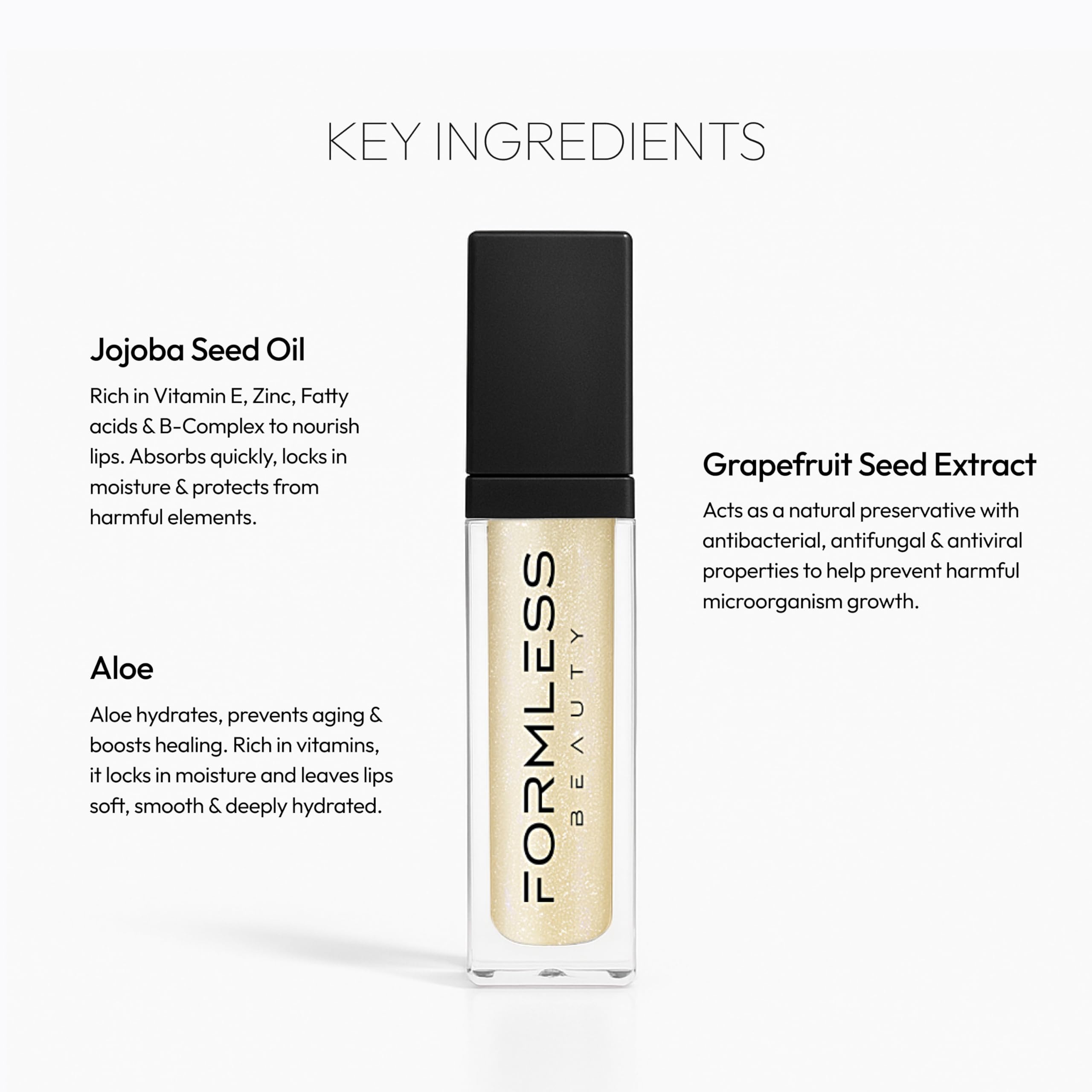 Formless Beauty Bliss – fini neutre avec or scintillant, éclat subtil sur les lèvres.