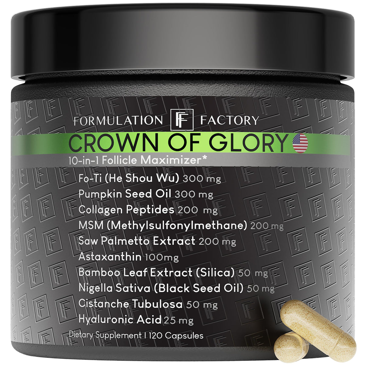Crown of Glory par Formulation Factory: bouteille et étiquette dévoilant sa formule 10-en-1.