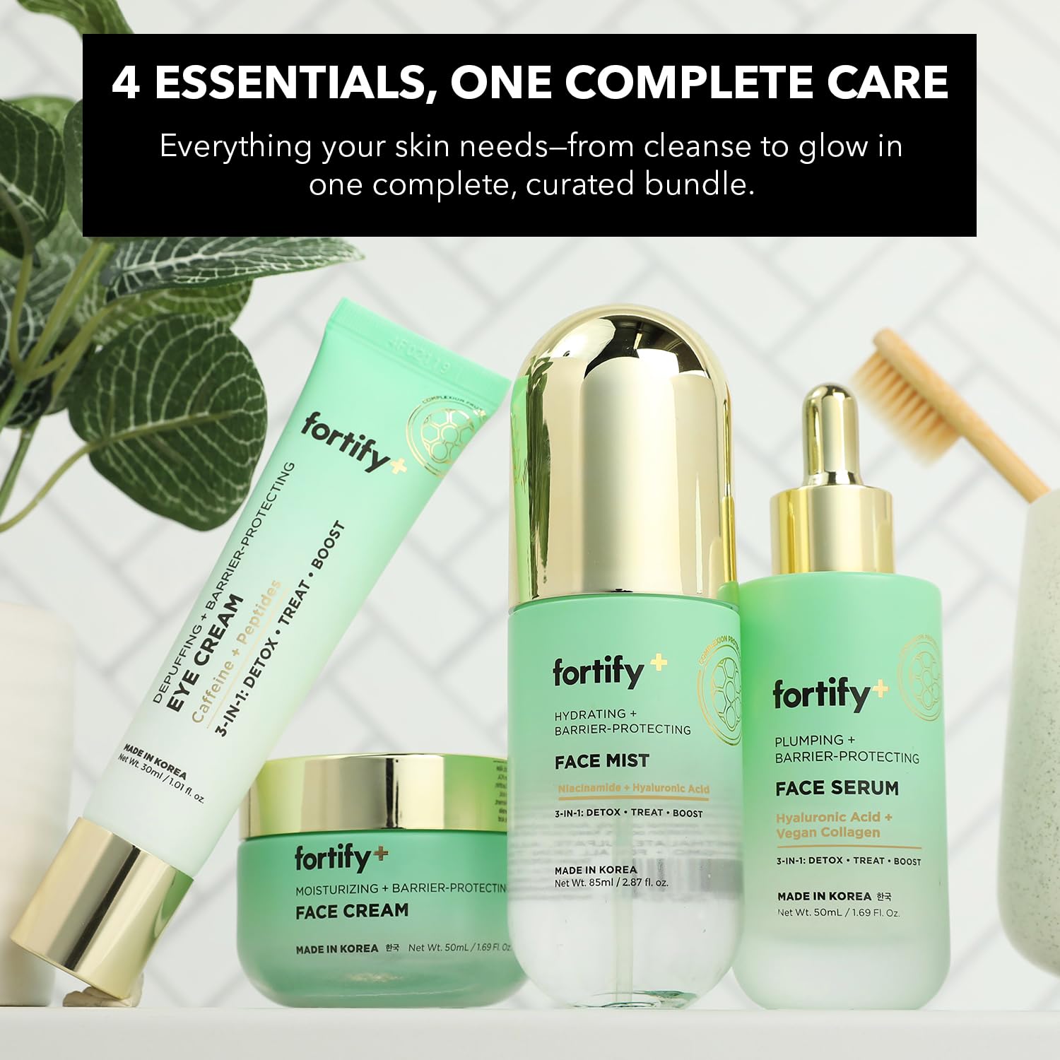 Routine quotidienne Fortify Skincare Glow Essentials, hydratation et protection toute la journée.