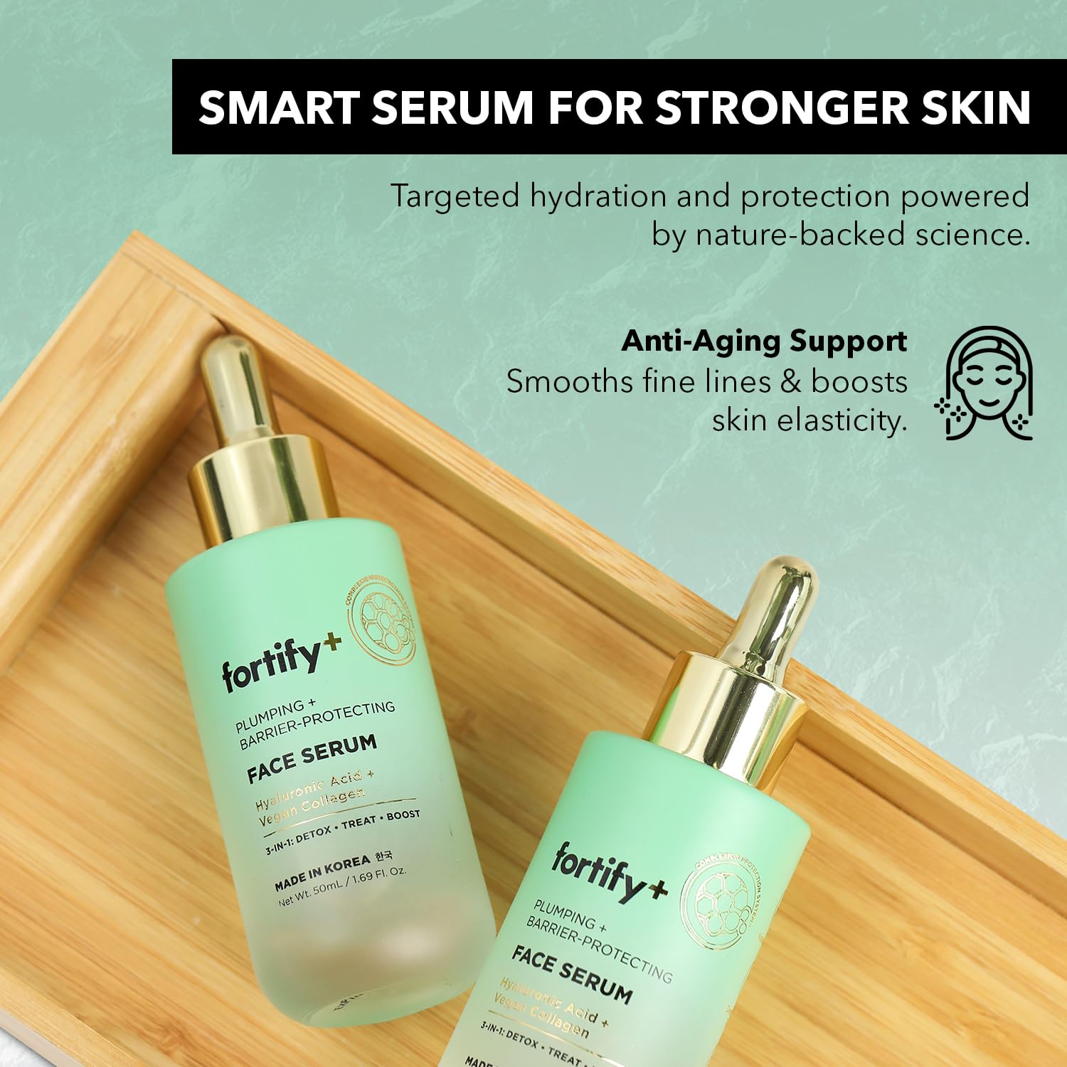 Sérum visage Fortify Skincare, hydratation en profondeur et élasticité.
