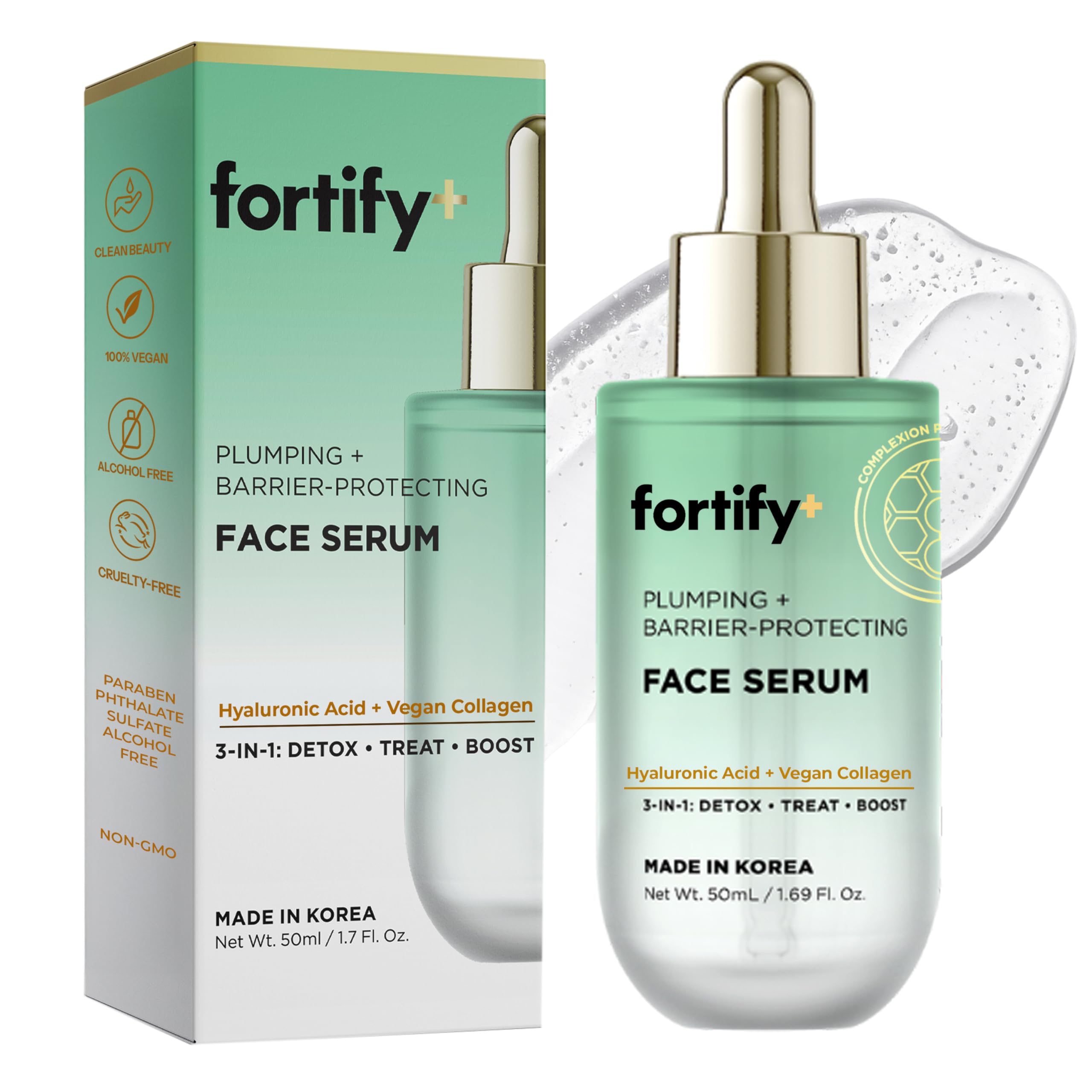 Fortify Skincare – sérum acide hyaluronique – bouteille pompe, hydratation pratique.