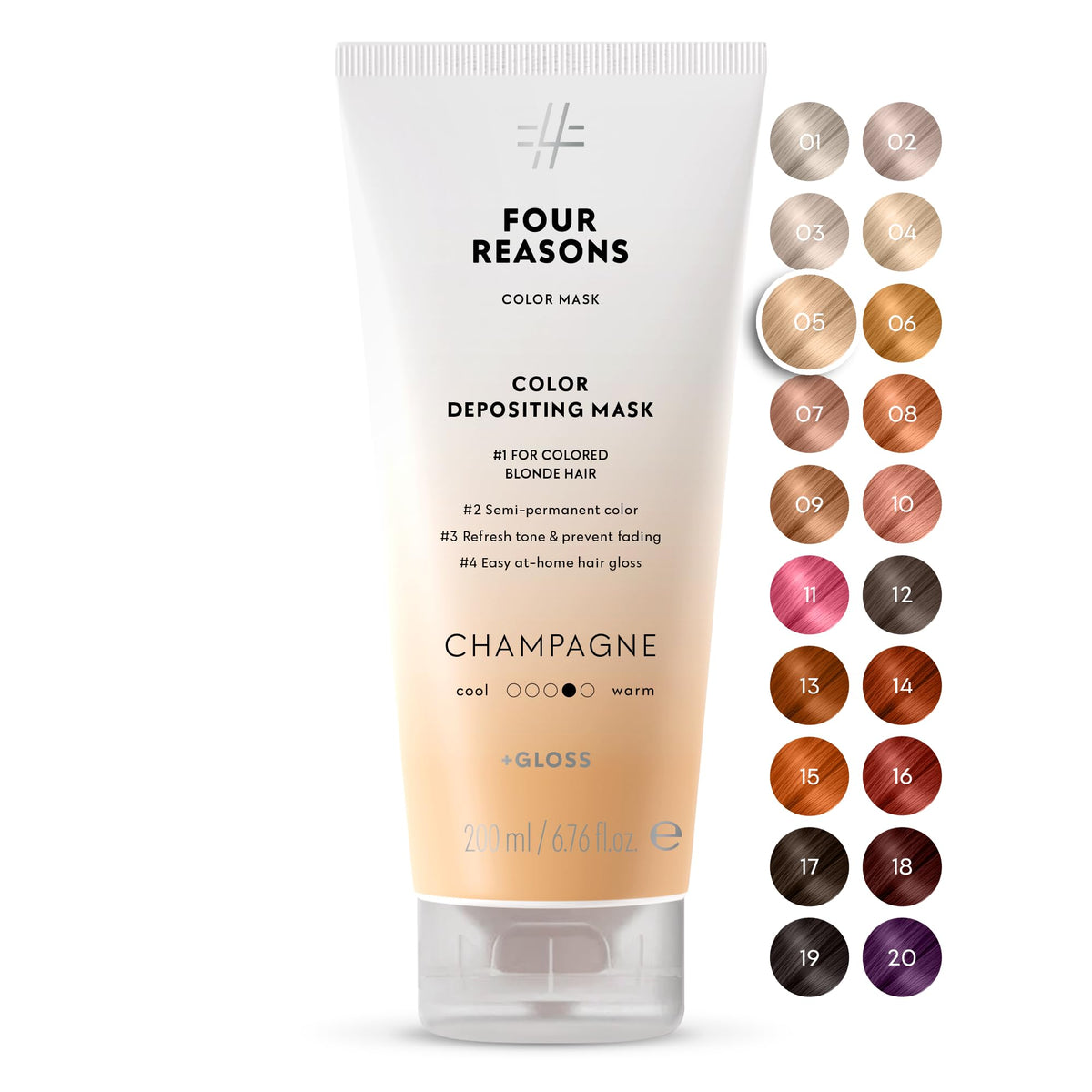 FOUR REASONS Color Mask Champagne Blonde, bouteille visible, brillance chaude et durable.