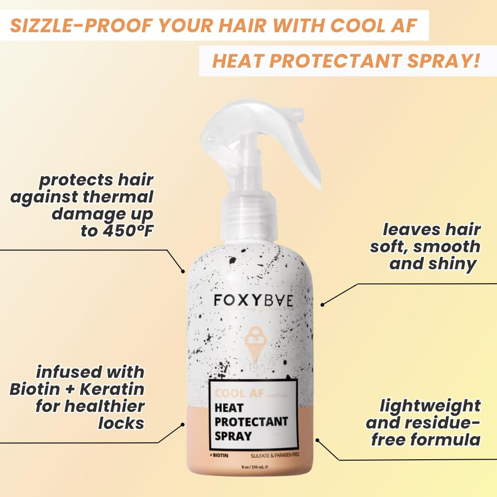 FoxyBae Spray Protecteur – Bouteille et utilisation rapide contre les dommages thermiques.