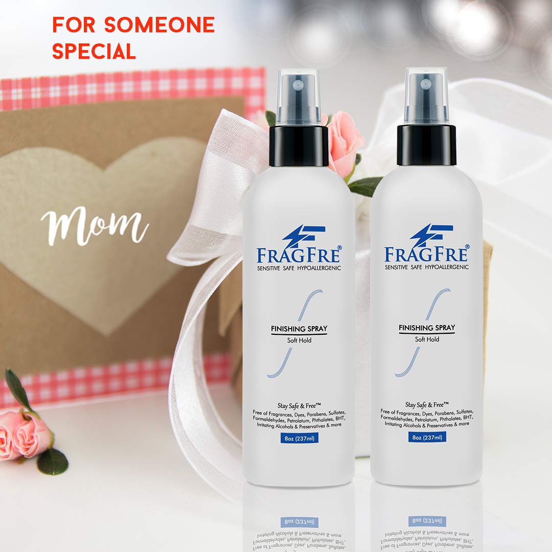 FRAGFRE spray application shot shows quick-dry formula for fast styling.
