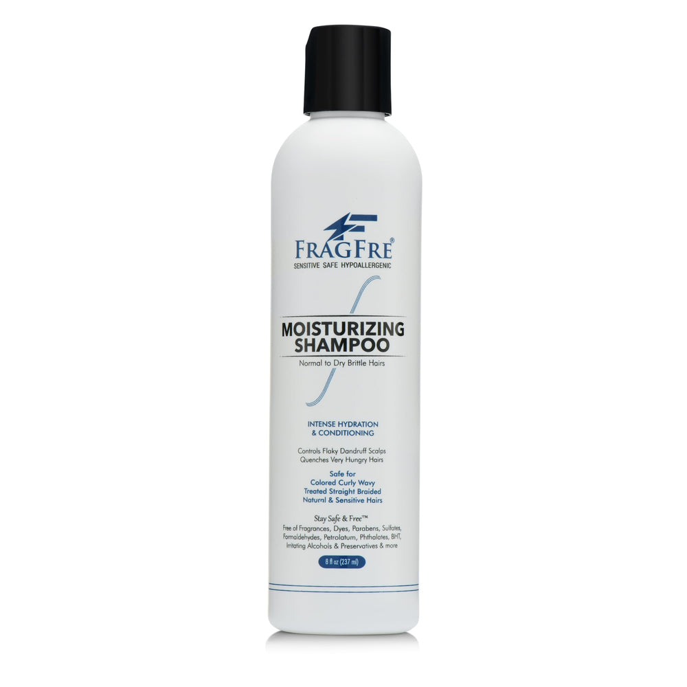 FRAGFRE Shampooing hydratant – bouteille sur étagère, sans parfum, douceur pour cuirs chevelus sensibles.