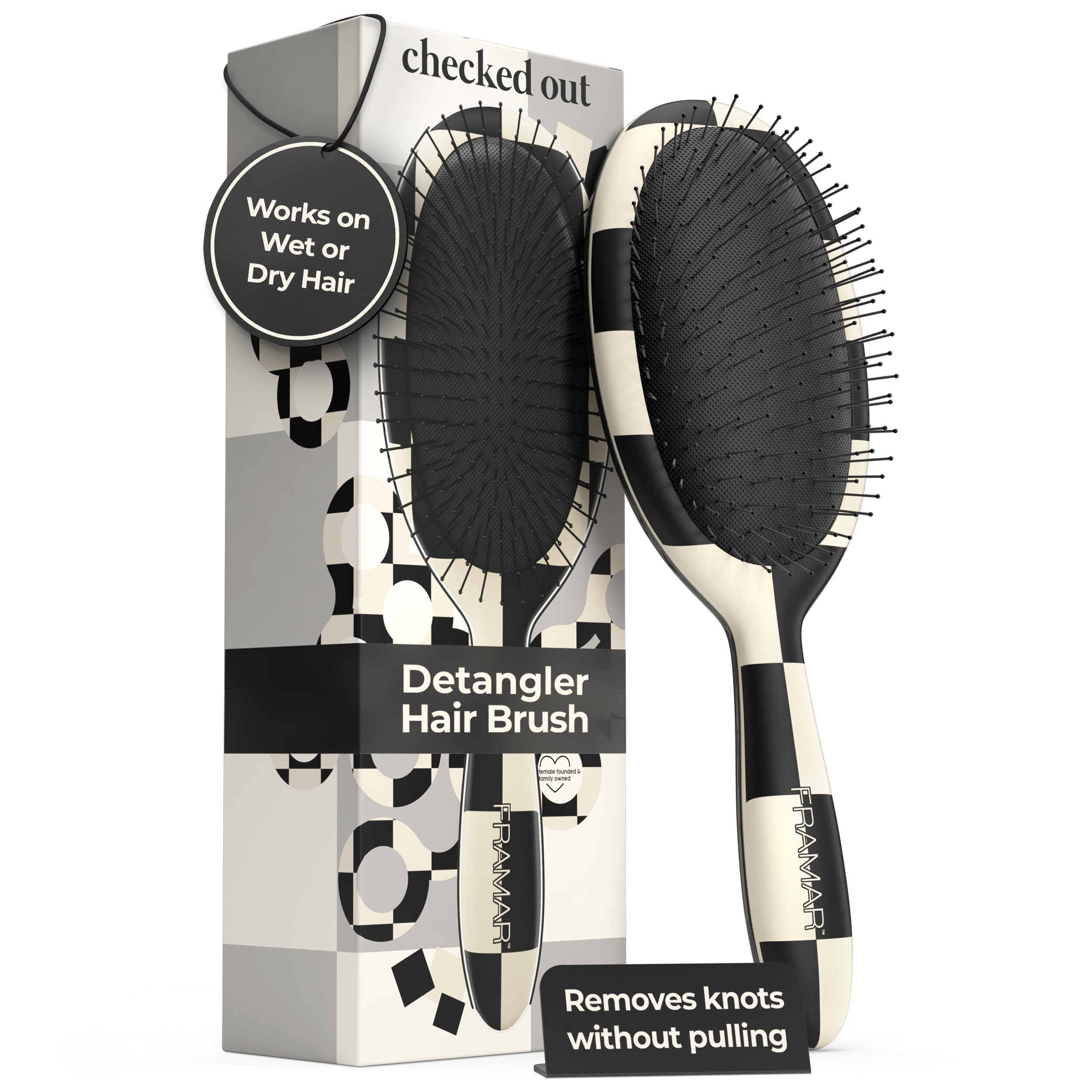 FRAMAR Brosse démêlante, motif carreaux noir et blanc, démêle sans tirer.