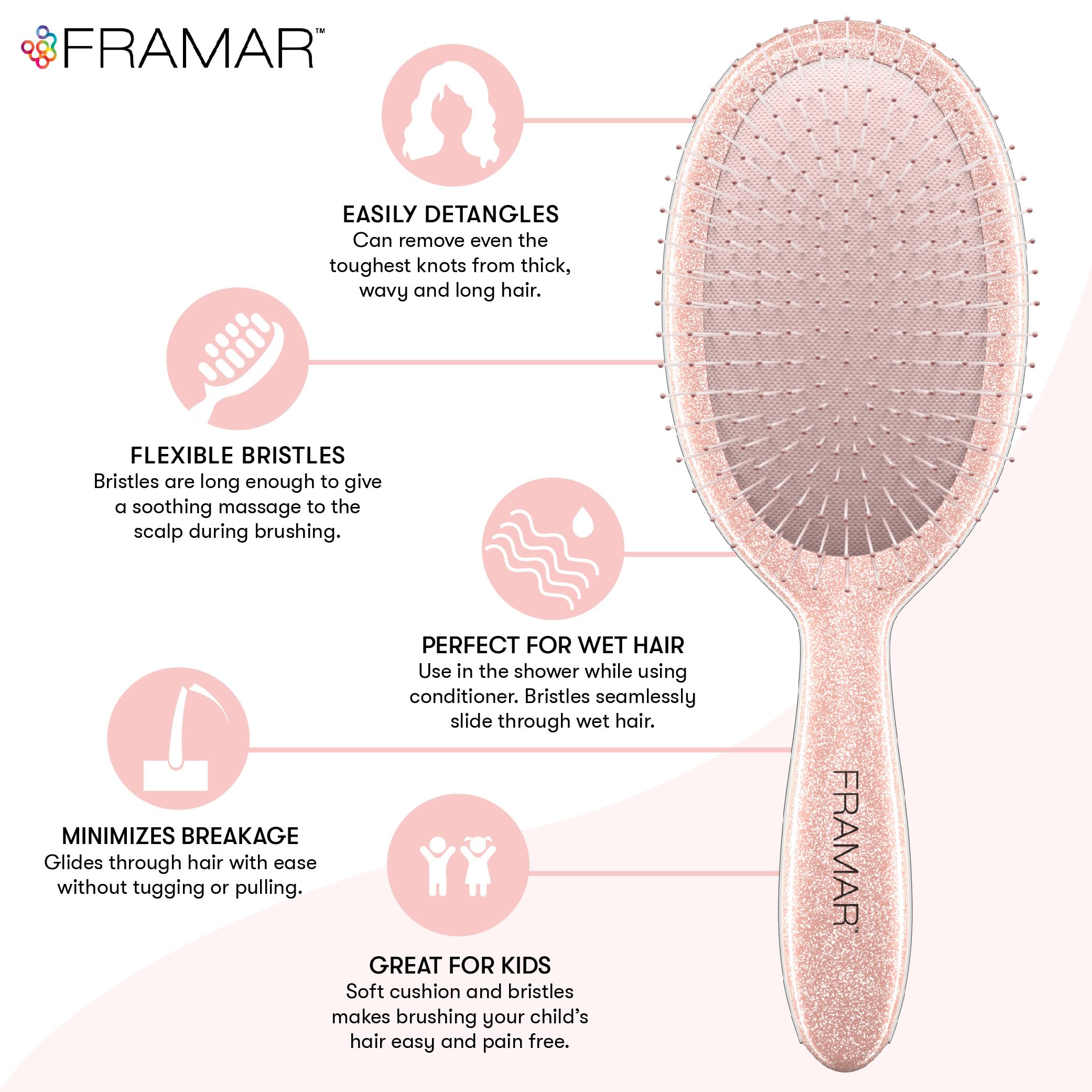 FRAMAR brosse démêlante anti-noeuds rose démêlage rapide sans douleur.