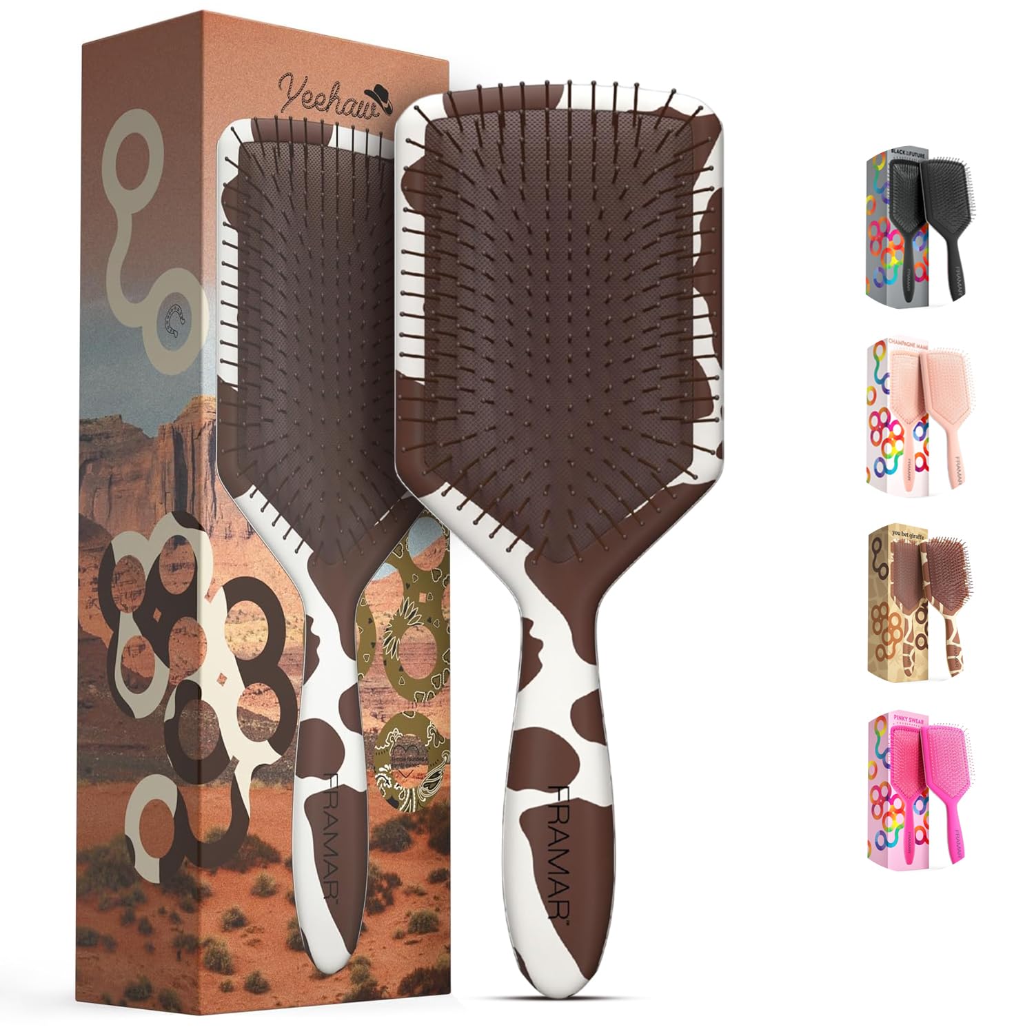 FRAMAR brosse detanglante paddle avec impression vache, glisse douce pour tous les cheveux.