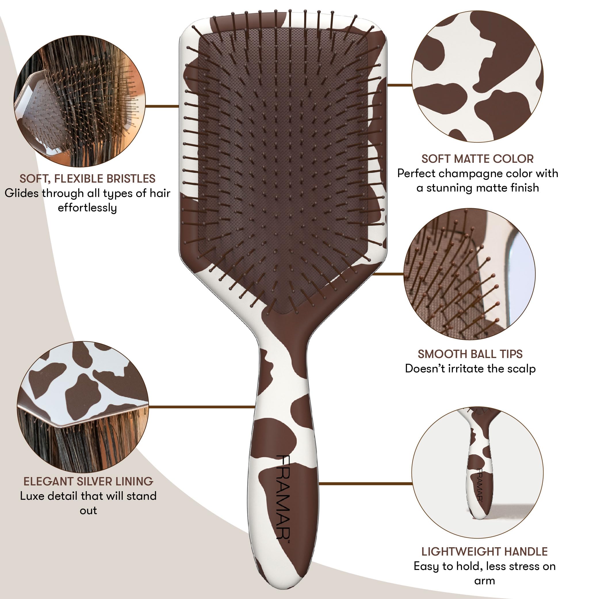 FRAMAR brosse detanglante paddle, idéal pour un matin rapide.