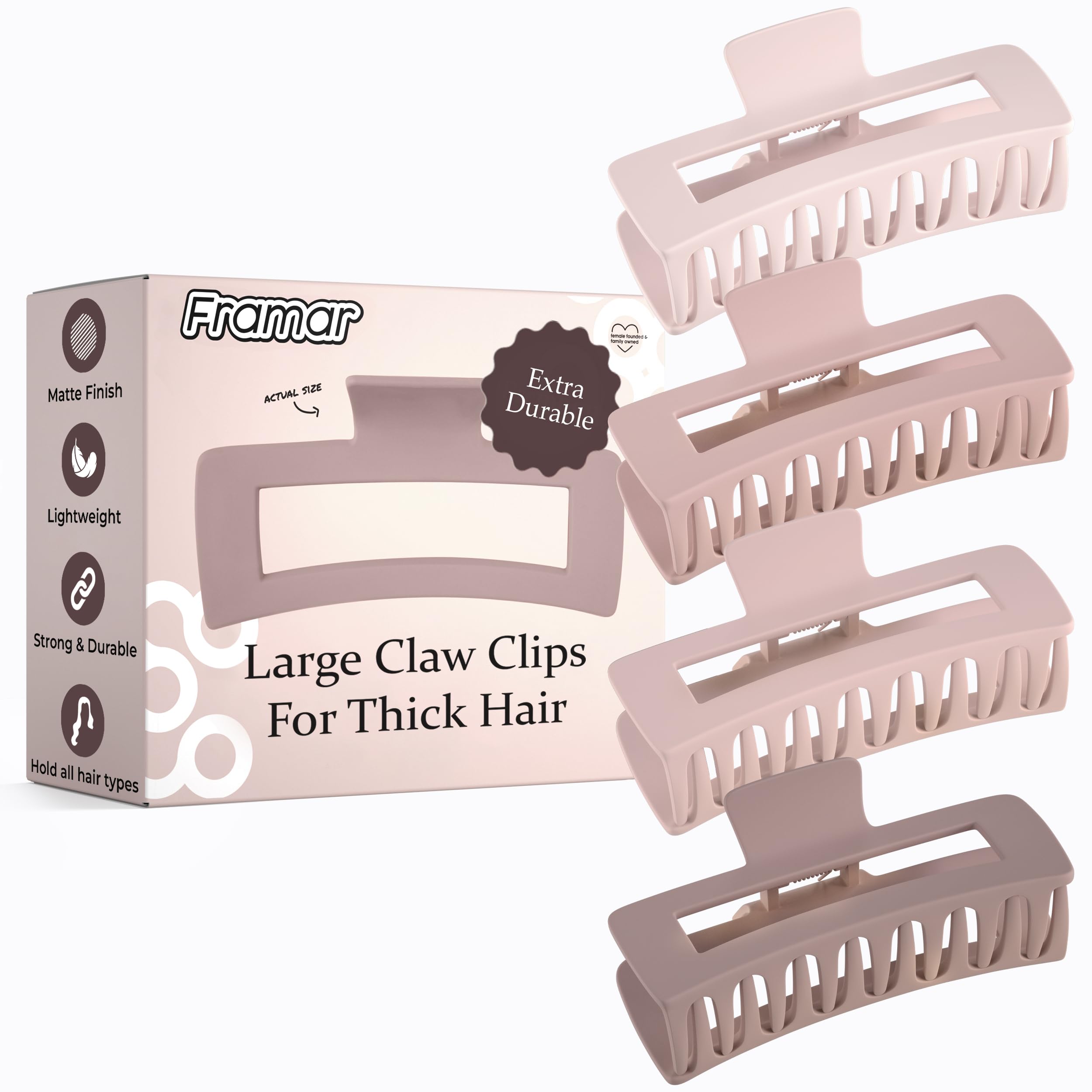 Pinces FRAMAR rose matte pour cheveux épais, maintien sûr toute la journée.