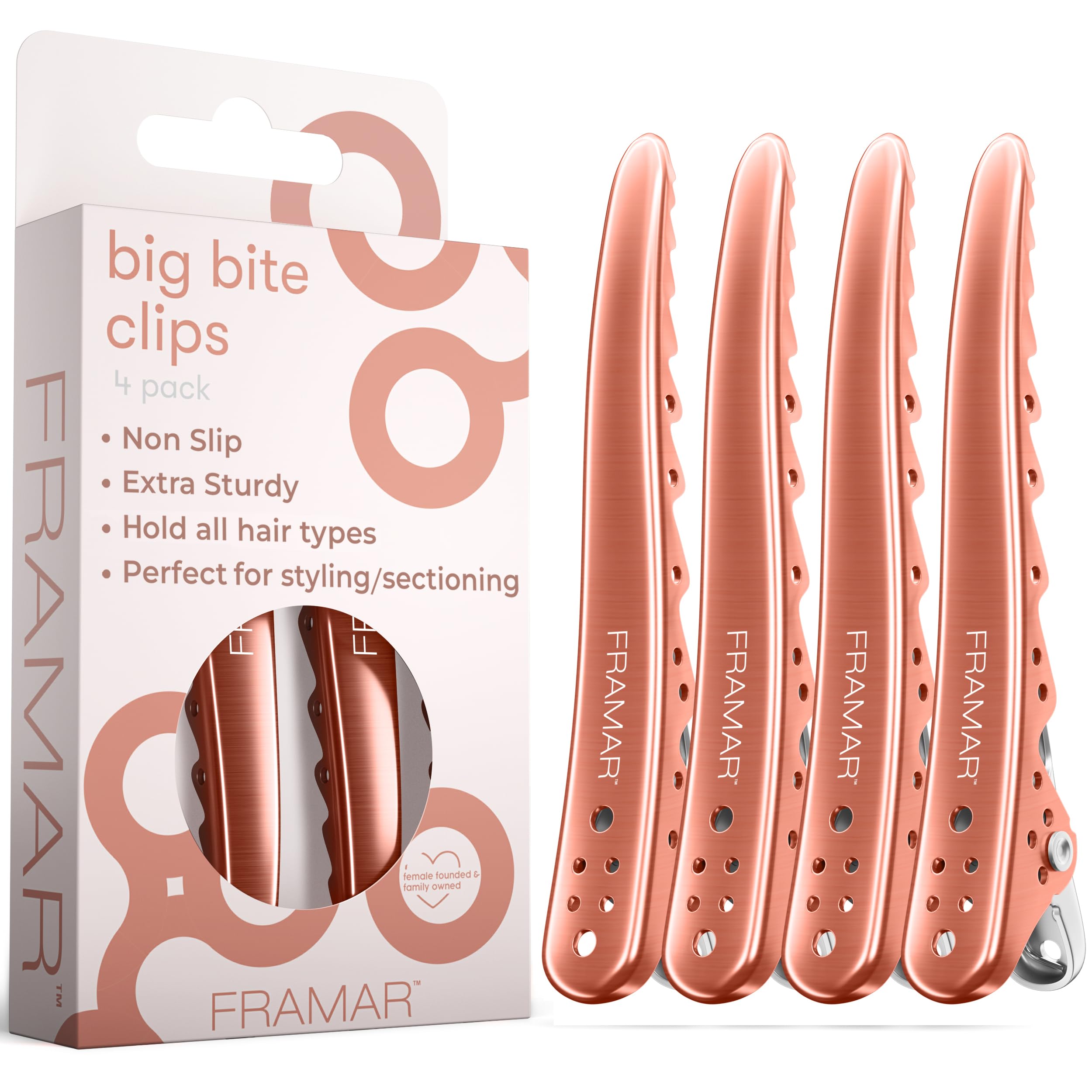 Pinces Framar rose doré pour coiffage, maintien sûr et sans glissement.