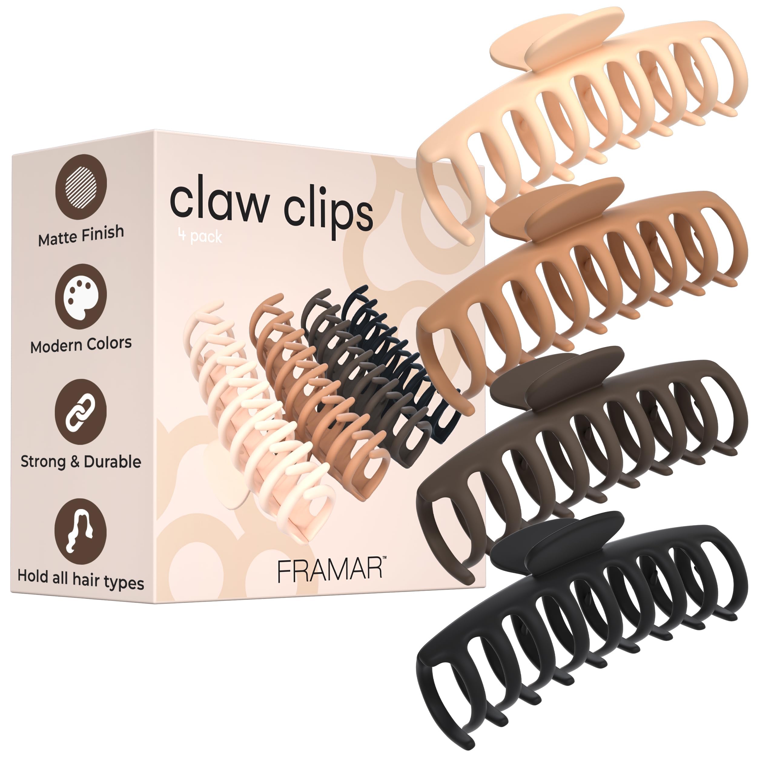 FRAMAR pinces extra larges pour cheveux épais en finition mate, quatre couleurs élégantes.