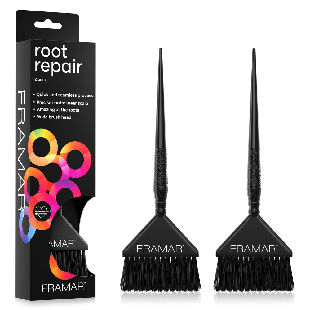 Pinceaux Framar pour application près du cuir chevelu et retouche précise.
