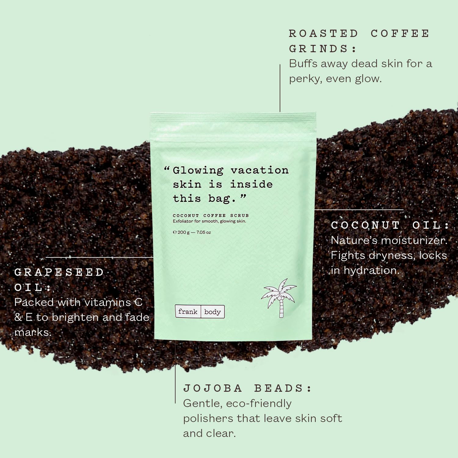 Grains de café et billes de jojoba du gommage Frank Body exfoliant.