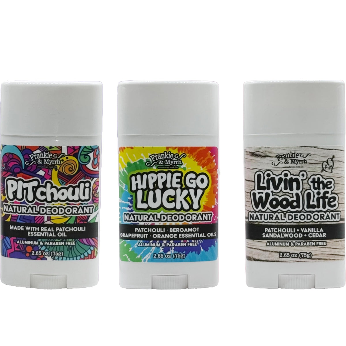 Déodorant Frankie et Myrrh Hippie Go Lucky sur flacon, parfum frais et vibrant.