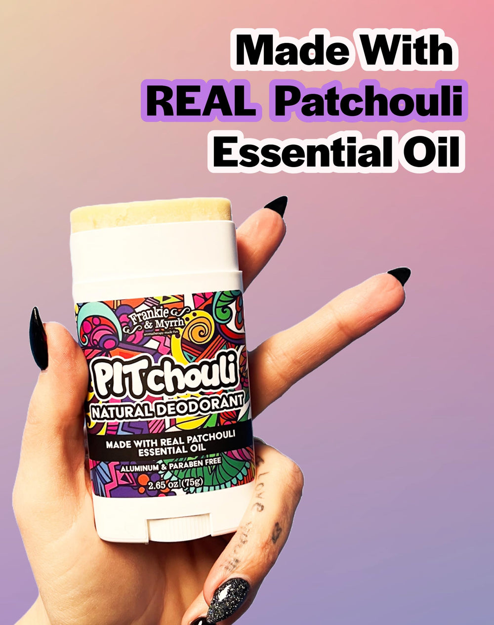 Frankie & Myrrh déodorant patchouli : ingrédients naturels pour une sensation douce.