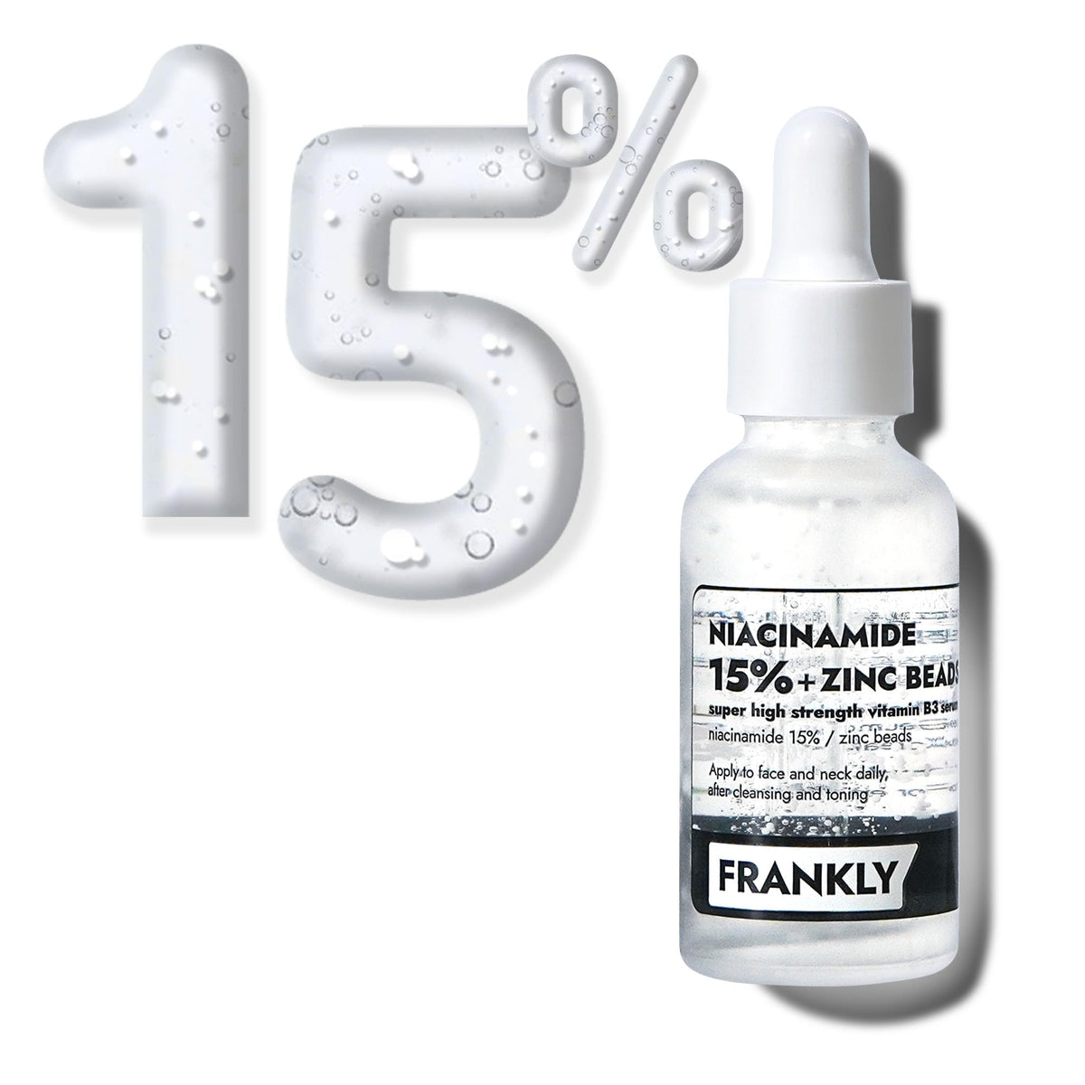 Sérum FRANKLY Niacinamide 15% - bouteille élégante pour peau nette.