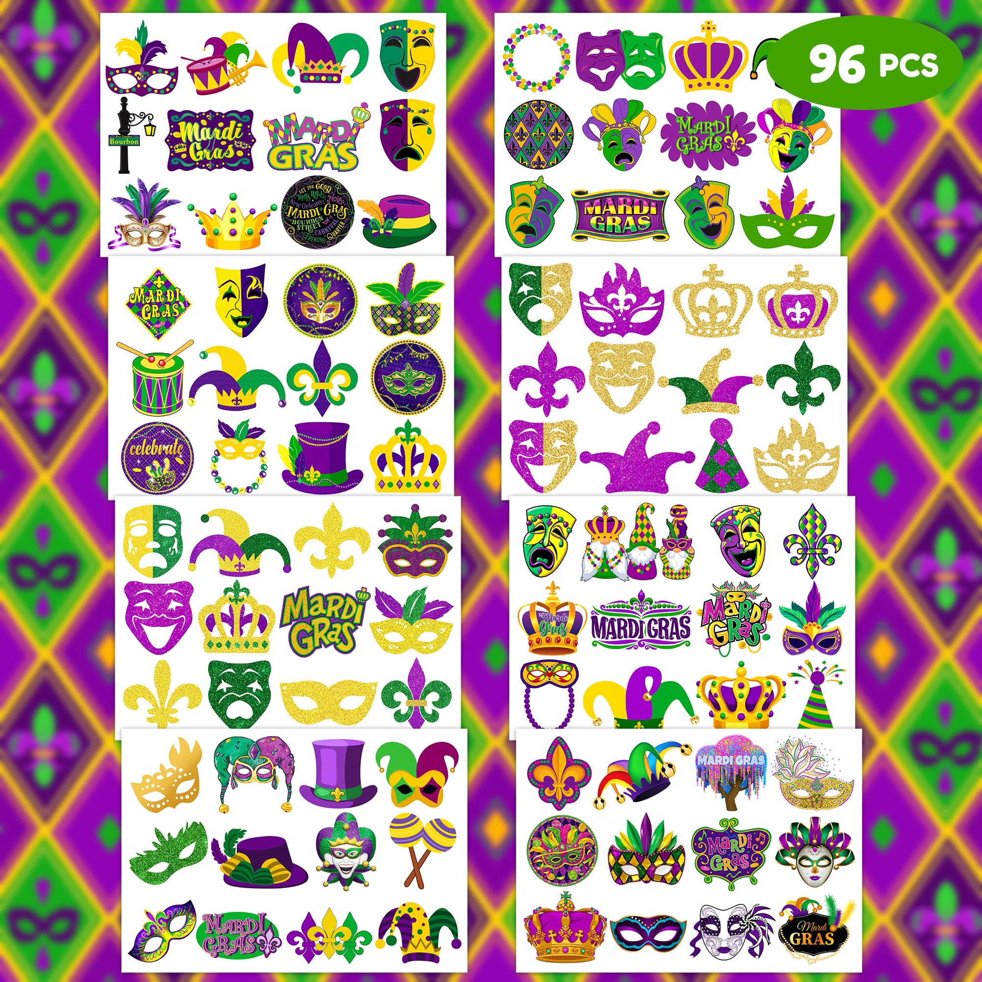 Tatouages Mardi Gras verts et violets de Frawharmone pour activités festives