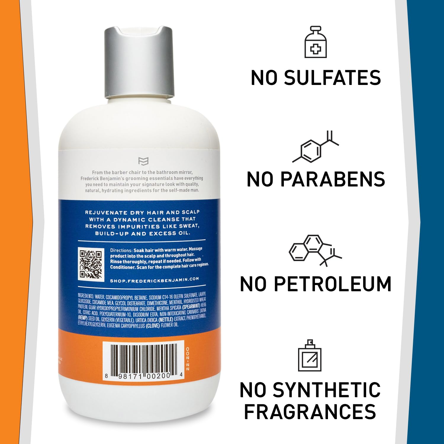 Shampooing Frederick Benjamin: application en douceur et laisse agir deux minutes.