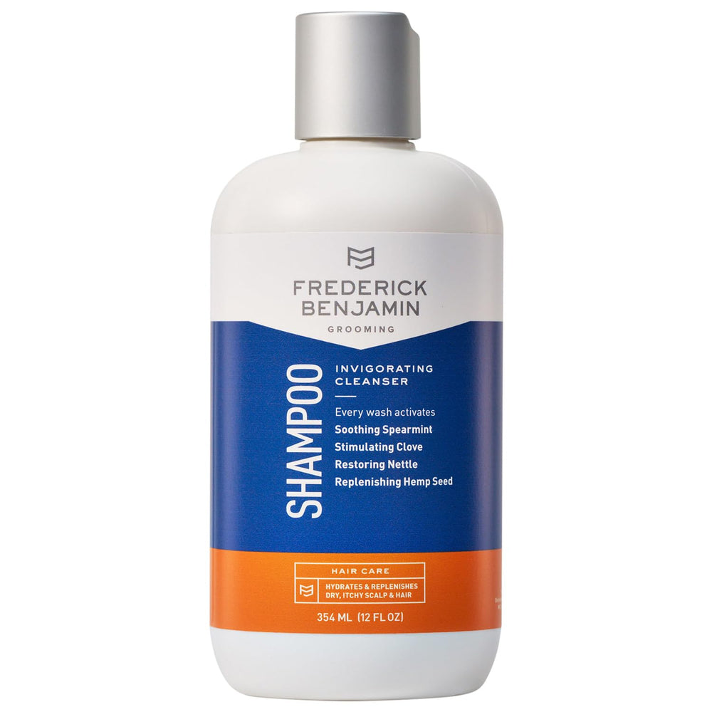 Shampooing Frederick Benjamin, bouteille menthe: revitalise le cuir chevelu et hydrate les cheveux.