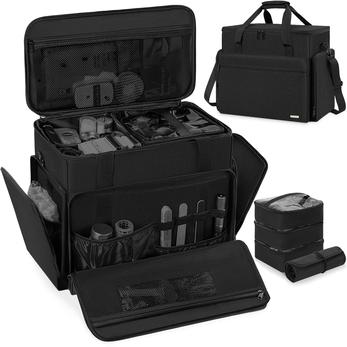 FreeAMG valise maquillage extra large avec 4 pochettes amovibles ideale pour voyage et organisation