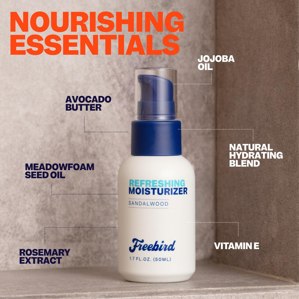 Texture focus of Freebird lightweight formula absorbing quickly for non-greasy skin.