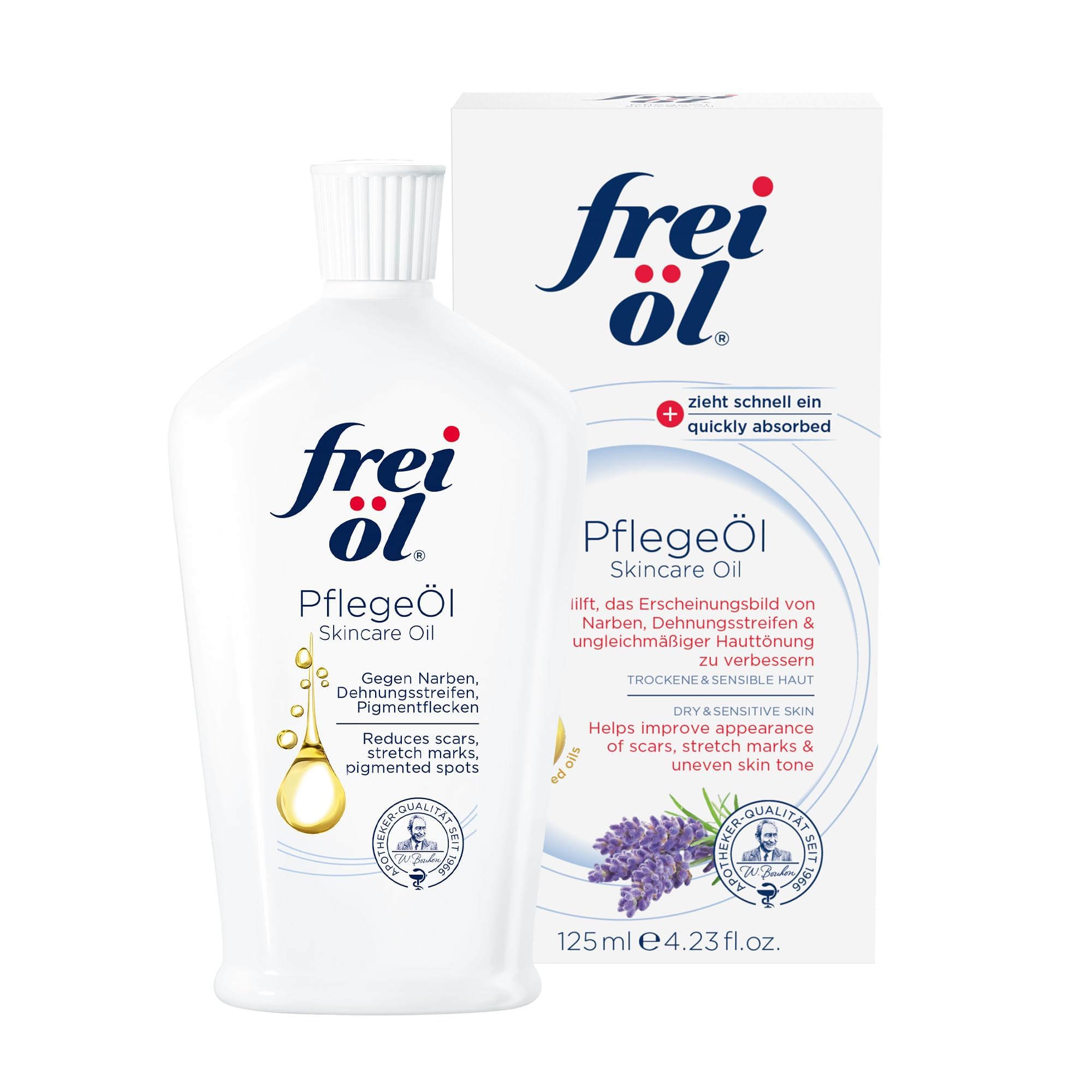 Frei Oel montre bouteille huile corporelle à absorption rapide pour nourrir la peau.
