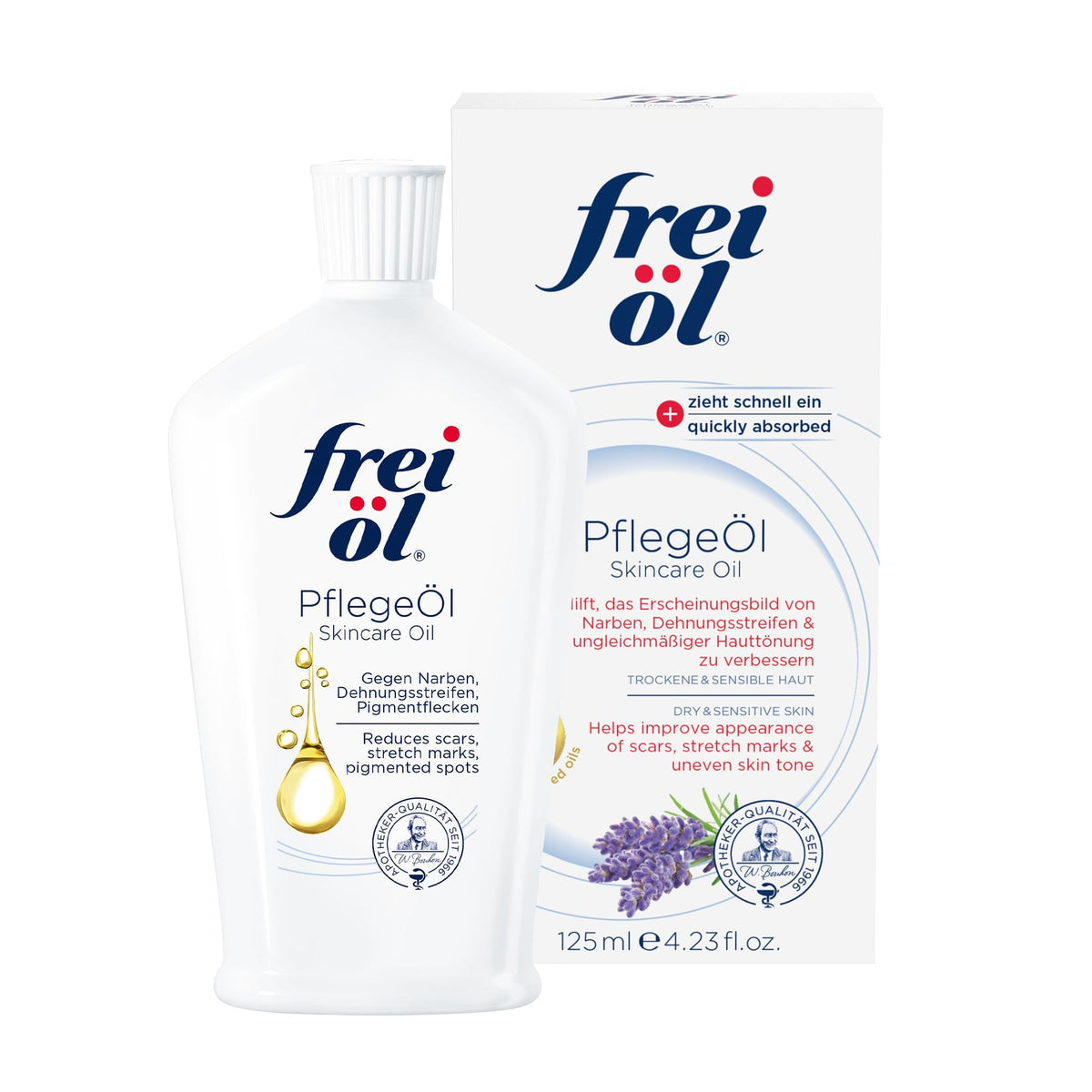 Frei Oel montre bouteille huile corporelle à absorption rapide pour nourrir la peau.
