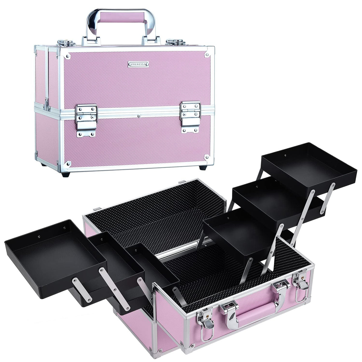 Frenessa boîte maquillage train-case rose, rangement pratique pour voyage et usage quotidien.