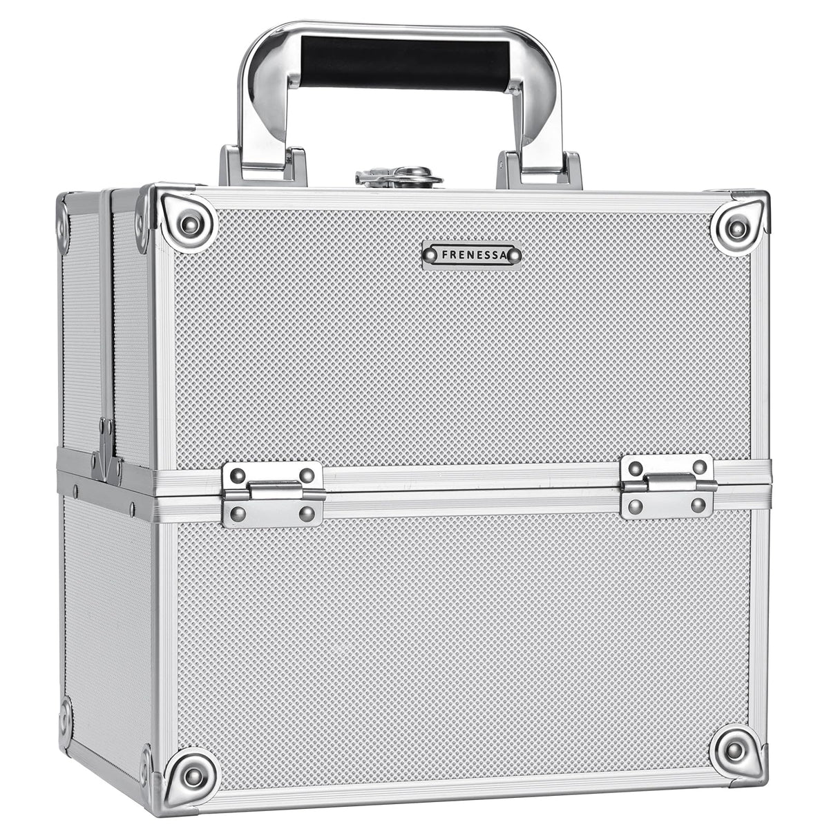 Coffret FRENESSA en aluminium brillant, durable et protecteur pour le maquillage.