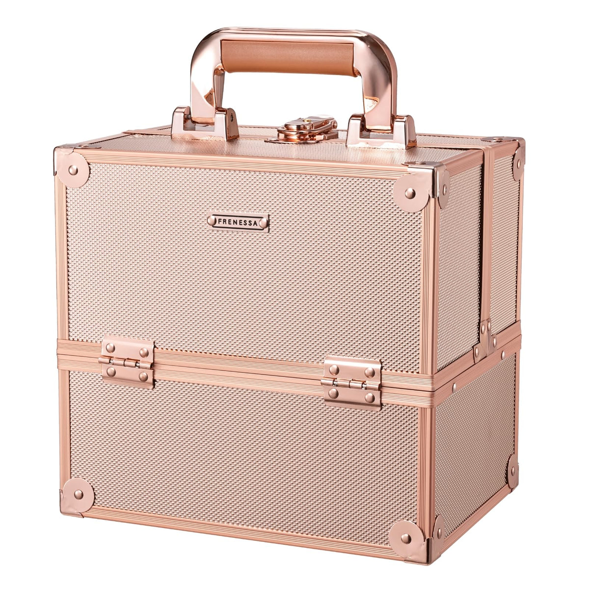 Coffret FRENESSA maquillage, exterieur rose dore, rangement chic en voyage