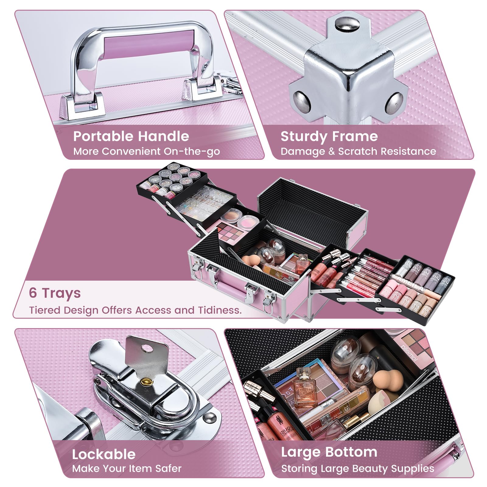 Frenessa coffre-maquillage portable avec poignée, transport facile lors des déplacements.