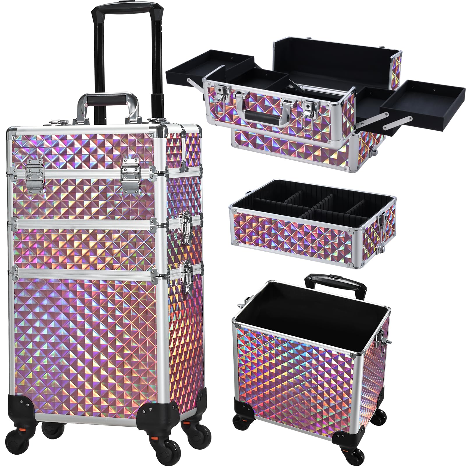 Frenessa trolley maquillage glitter rose, roulante pour rangement efficace.