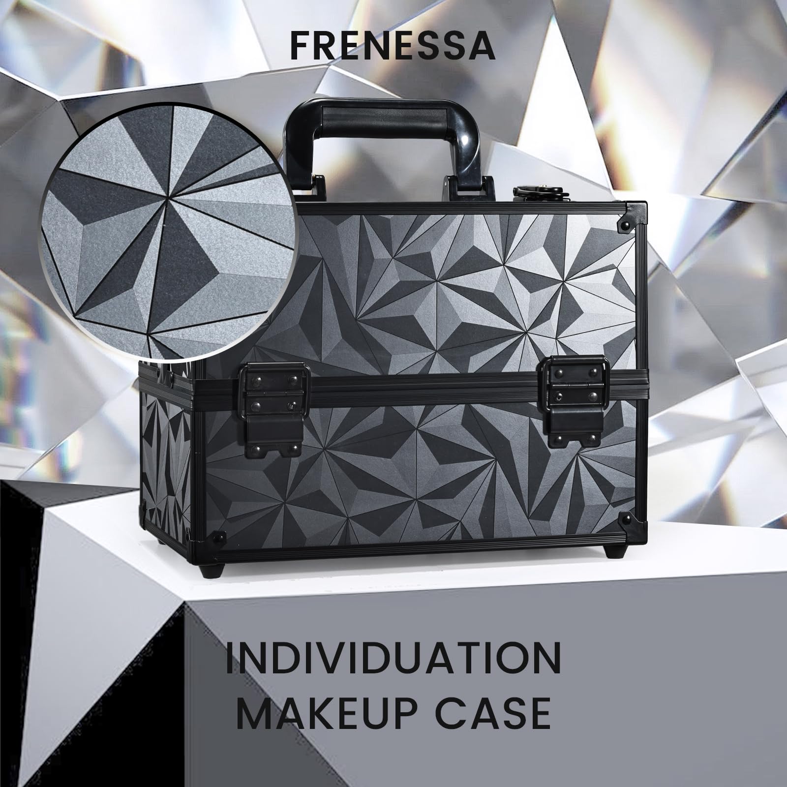 FRENESSA trousse maquillage noir, grand espace inférieur pour palettes et bouteilles voyage.