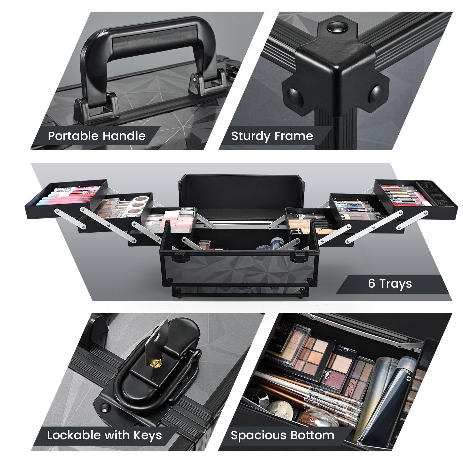 FRENESSA trousse maquillage noir, système de verrouillage sécurisé pour voyage sûr.